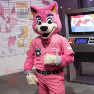 Pink Wolf mascot costume character dressed with a Poplin Shirt and Digital watches