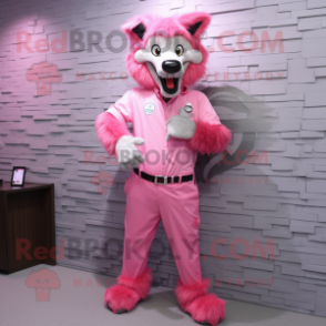 Pink Wolf mascot costume character dressed with a Poplin Shirt and Digital watches