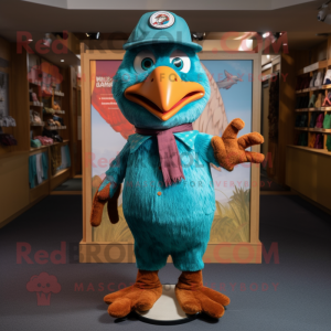 Turquoise Pheasant mascot costume character dressed with a Corduroy Pants and Caps