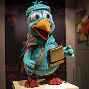 Turquoise Pheasant mascot costume character dressed with a Corduroy Pants and Caps