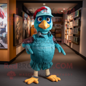 Turquoise Pheasant mascot costume character dressed with a Corduroy Pants and Caps