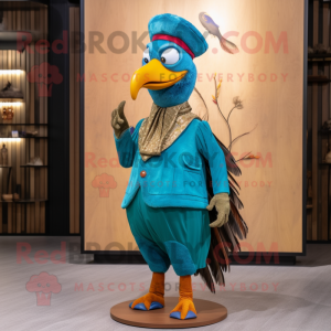 Turquoise Pheasant mascot costume character dressed with a Corduroy Pants and Caps
