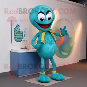 Teal Snake mascot costume character dressed with a Swimwear and Shoe laces