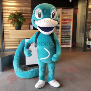 Teal Snake mascot costume character dressed with a Swimwear and Shoe laces