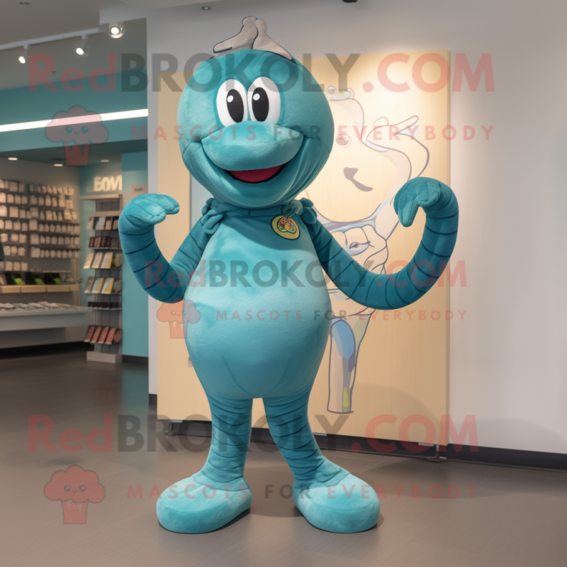 Teal Snake mascot costume character dressed with a Swimwear and Shoe laces