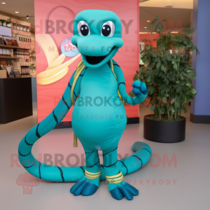 Teal Snake mascot costume character dressed with a Swimwear and Shoe laces