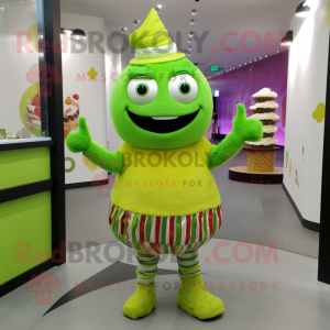 Lime Green Cupcake mascot costume character dressed with a Vest and Bracelets