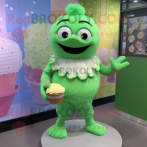 Lime Green Cupcake mascot costume character dressed with a Vest and Bracelets