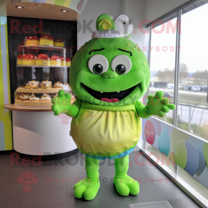 Lime Green Cupcake mascot costume character dressed with a Vest and Bracelets