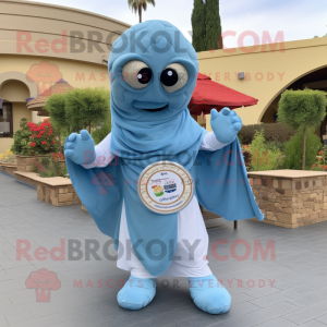 Sky Blue Falafel mascot costume character dressed with a Romper and Shawls
