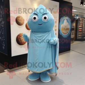 Sky Blue Falafel mascot costume character dressed with a Romper and Shawls