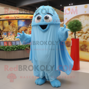 Sky Blue Falafel mascot costume character dressed with a Romper and Shawls