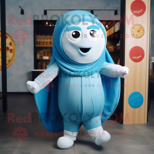 Sky Blue Falafel mascot costume character dressed with a Romper and Shawls