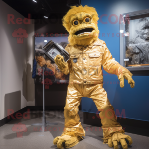 Gold Frankenstein'S Monster mascot costume character dressed with a Jeans and Messenger bags