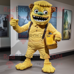 Gold Frankenstein'S Monster mascot costume character dressed with a Jeans and Messenger bags