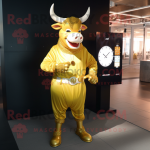 Gold Bull mascot costume character dressed with a Long Sleeve Tee and Digital watches