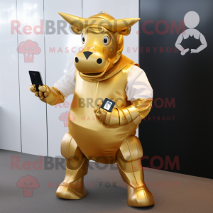 Gold Bull mascot costume character dressed with a Long Sleeve Tee and Digital watches