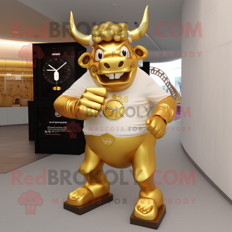 Gold Bull mascot costume character dressed with a Long Sleeve Tee and Digital watches