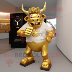 Gold Bull mascot costume character dressed with a Long Sleeve Tee and Digital watches