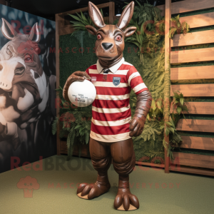Maroon Okapi mascot costume character dressed with a Rugby Shirt and Mittens