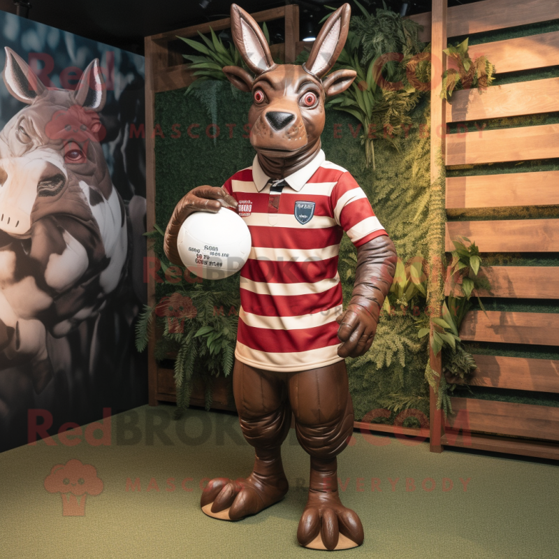 Maroon Okapi mascot costume character dressed with a Rugby Shirt and Mittens Maroon Okapi mascot costume character dressed with a Rugby Shirt and Mittens