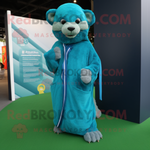 Cyan Mongoose mascot costume character dressed with a Cover-up and Shoe laces