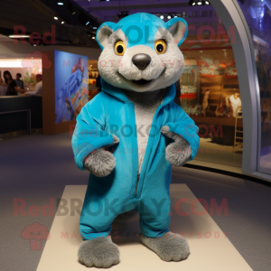 Cyan Mongoose mascot costume character dressed with a Cover-up and Shoe laces
