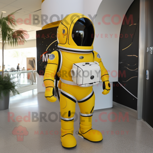 Yellow Astronaut mascot costume character dressed with a Tuxedo and Briefcases