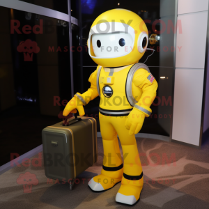 Yellow Astronaut mascot costume character dressed with a Tuxedo and Briefcases