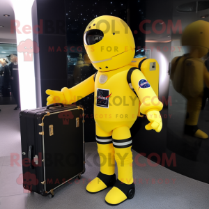 Yellow Astronaut mascot costume character dressed with a Tuxedo and Briefcases