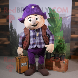 Purple Turnip mascot costume character dressed with a Flannel Shirt and Briefcases