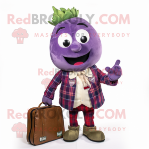Purple Turnip mascot costume character dressed with a Flannel Shirt and Briefcases