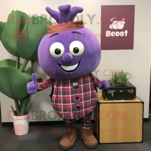 Purple Turnip mascot costume character dressed with a Flannel Shirt and Briefcases