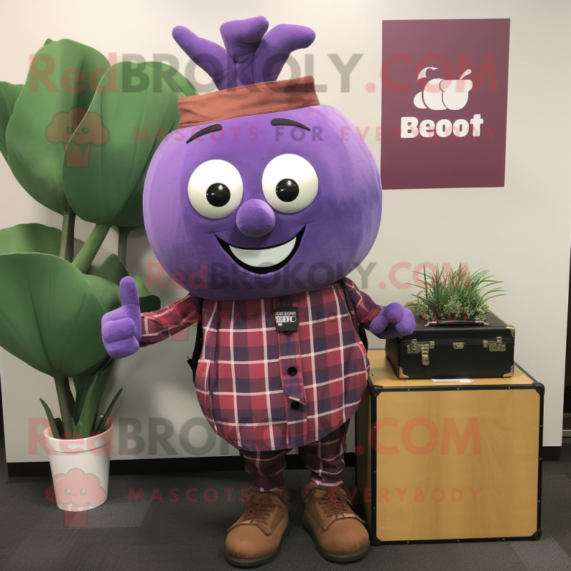 Purple Turnip mascot costume character dressed with a Flannel Shirt and Briefcases Purple Turnip mascot costume character dressed with a Flannel Shirt and Briefcases
