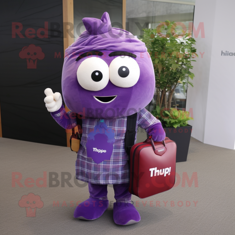 Purple Turnip mascot costume character dressed with a Flannel Shirt and Briefcases