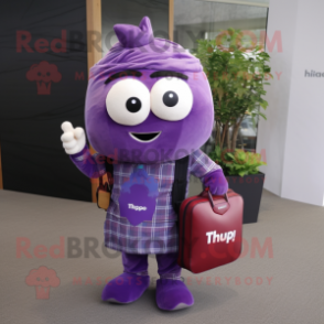 Purple Turnip mascot costume character dressed with a Flannel Shirt and Briefcases