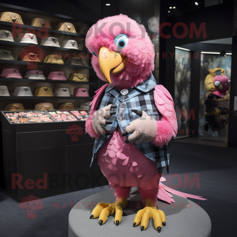 Pink Parrot mascot costume character dressed with a Flannel Shirt and Coin purses