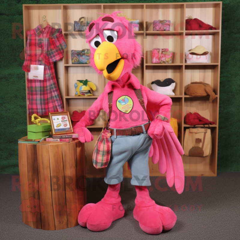 Pink Parrot mascot costume character dressed with a Flannel Shirt and Coin purses Pink Parrot mascot costume character dressed with a Flannel Shirt and Coin purses