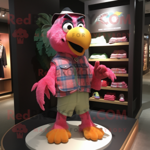 Pink Parrot mascot costume character dressed with a Flannel Shirt and Coin purses