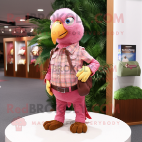 Pink Parrot mascot costume character dressed with a Flannel Shirt and Coin purses