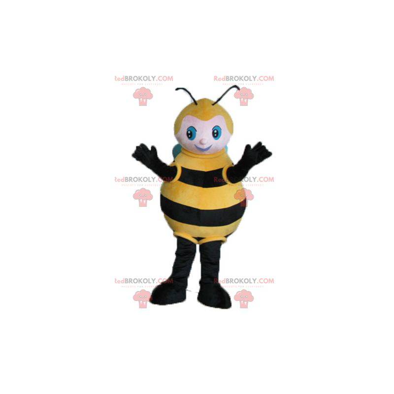 Mascotte de grosse abeille noire jaune et bleue - Redbrokoly.com