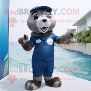 Navy Otter mascot costume character dressed with a One-Piece Swimsuit and Mittens