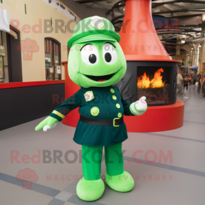 Green Fire Fighter mascot costume character dressed with a Ball Gown and Beanies