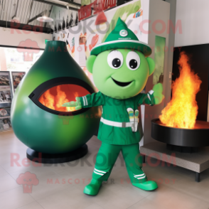 Green Fire Fighter mascot costume character dressed with a Ball Gown and Beanies