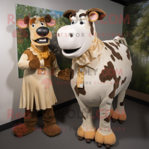 Tan Holstein Cow mascot costume character dressed with a Shift Dress and Ties