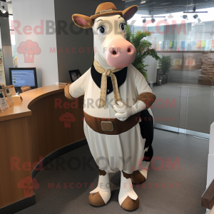 Tan Holstein Cow mascot costume character dressed with a Shift Dress and Ties
