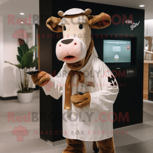 Tan Holstein Cow mascot costume character dressed with a Shift Dress and Ties