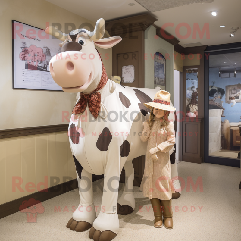 Tan Holstein Cow mascot costume character dressed with a Shift Dress and Ties