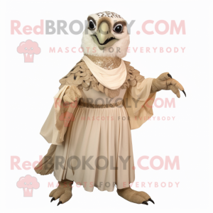 Beige Falcon mascot costume character dressed with a Ball Gown and Shoe laces