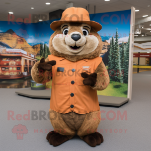 Brown Marmot mascot costume character dressed with a Sheath Dress and Caps